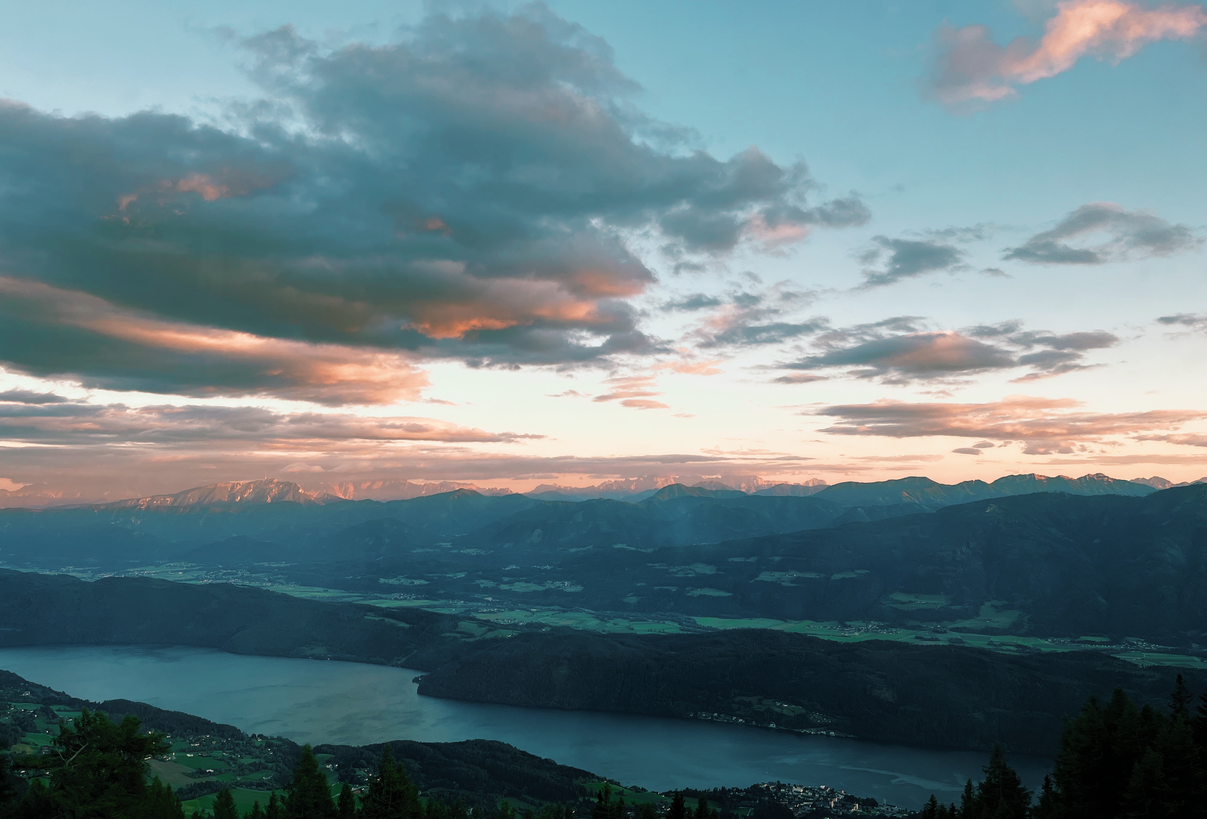 View of Millstätter See at sunset from Alexanderalm on the Alpe Adria Trail
